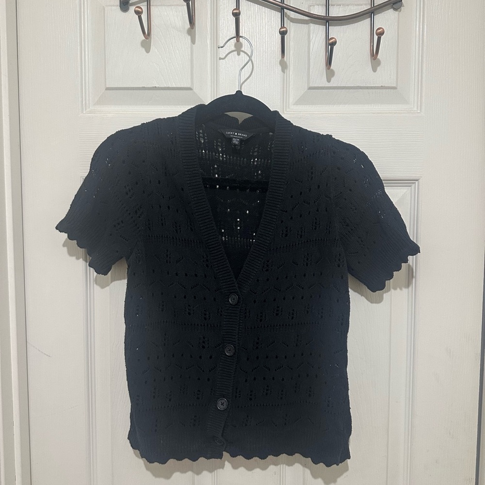 Lucky Brand black button up cardigan sweater size XS crochet style